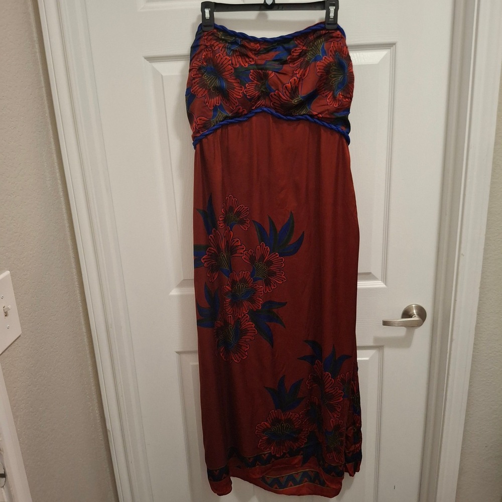 FARM Rio for Anthropologie Strapless Maxi Dress Floral Print Red Blue XL